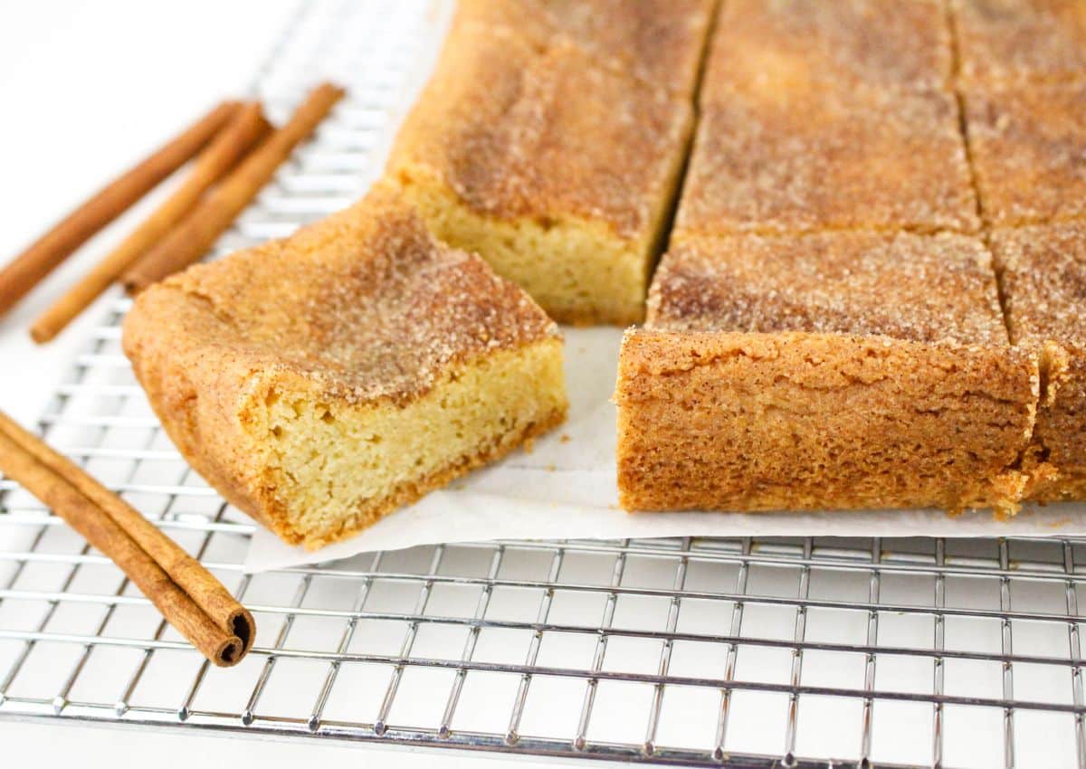 Snickerdoodle Cookie Bars on wire rack