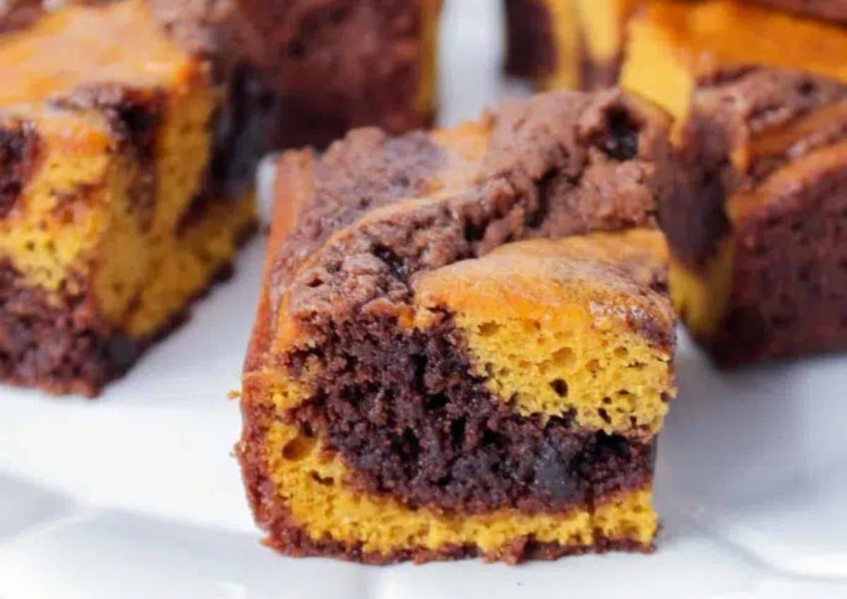 Pumpkin brownie on a plate.