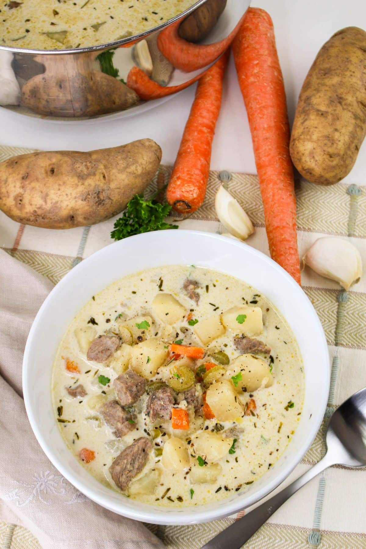 Bowl of steak ptoato soup.