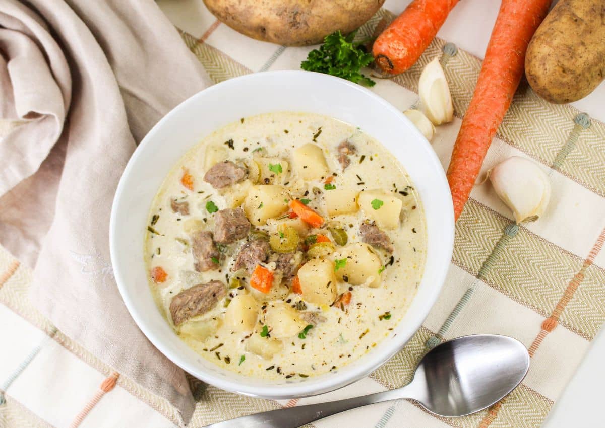 Bowl of steak ptoato soup.