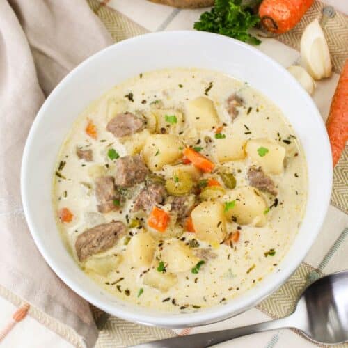 Bowl of steak ptoato soup.