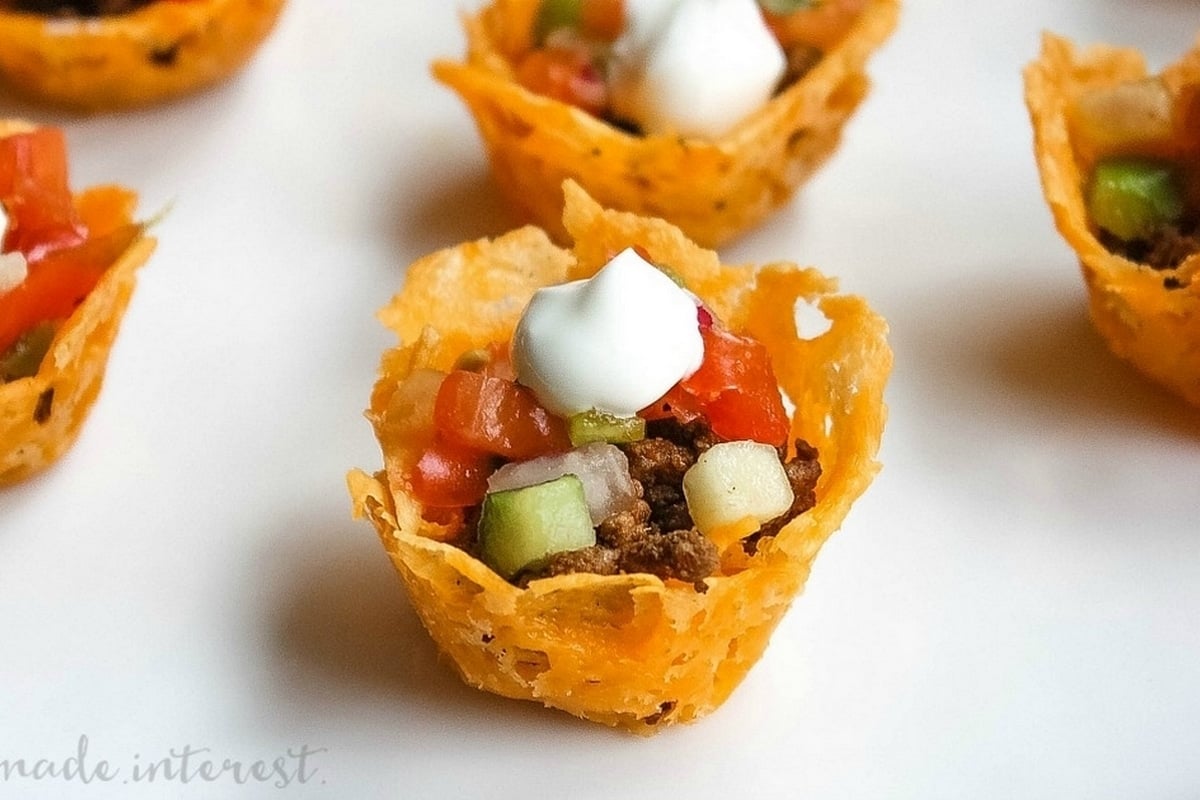 Mini taco cups made of crispy shells filled with seasoned ground beef, diced tomatoes, onions, cucumbers, and topped with a dollop of sour cream, arranged on a white surface.