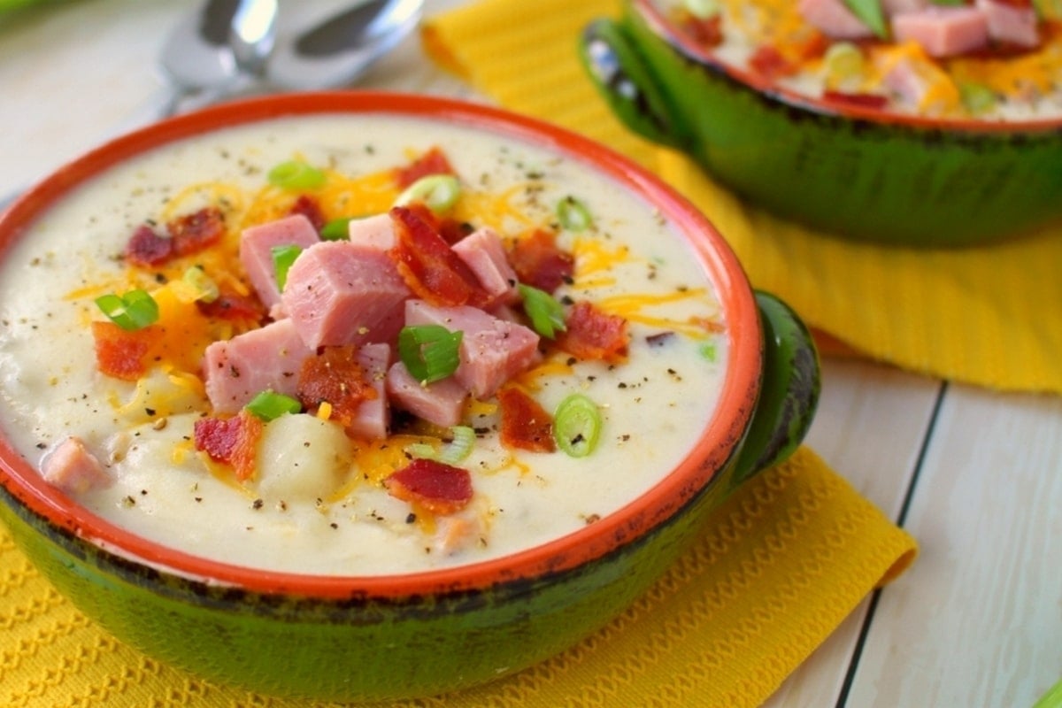 Loaded Baked Potato Soup with ham, bacon and cheese on top