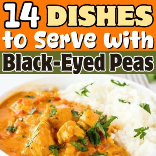 Plate of curry chicken with rice, garnished with cilantro. Text above reads, 14 DISHES to Serve With Black-Eyed Peas.