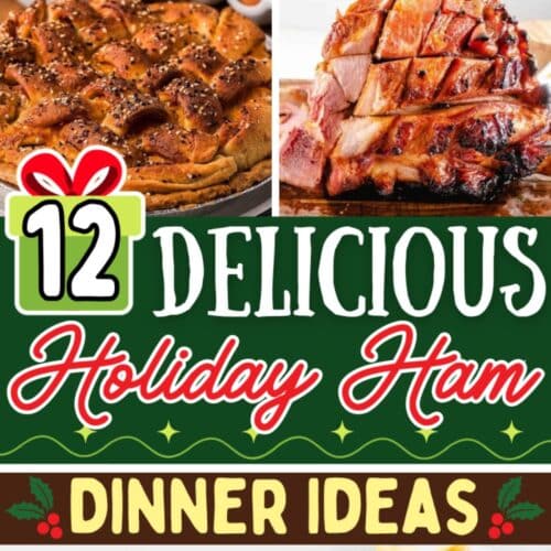 Close-up of holiday hams with text: 12 Delicious Holiday Ham Dinner Ideas. The image features a festive design with a gift icon and decorative elements at the bottom.