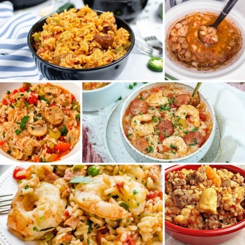 A collage of various Cajun and Creole dishes, including bowls of jambalaya, gumbo, and étouffée, featuring rice, shrimp, sausage, and vegetables.