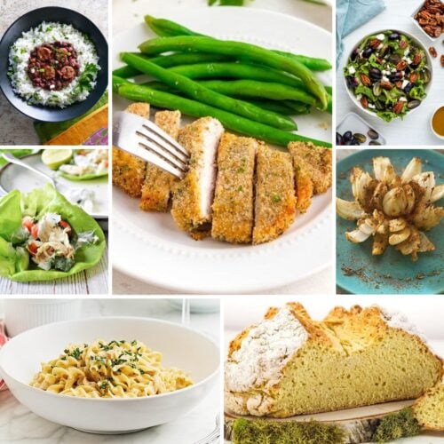 Collage of various dishes: rice with beans, green beans with breaded chicken, mixed salad, lettuce wrap, blooming onion, pasta with sauce, and a loaf of bread.