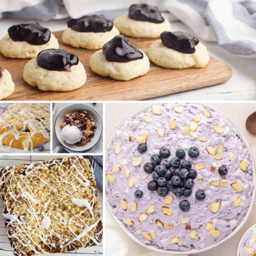 Collage of desserts: biscuits with blueberry topping, rolled pastry with icing, berry crumble with ice cream, blueberry dish with almonds, and a glazed cake.