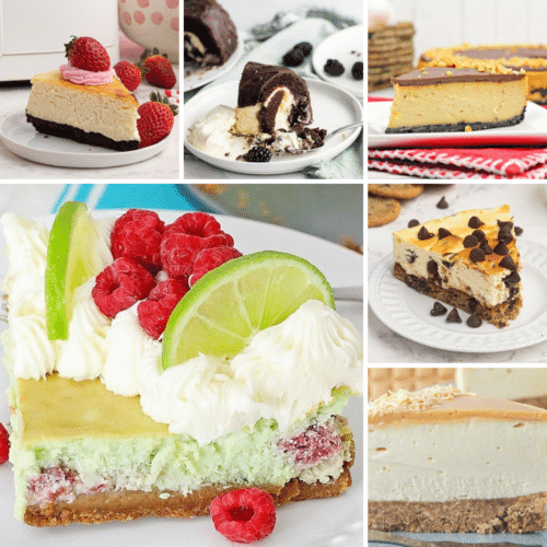 Collage of six cheesecake slices: strawberry, chocolate, plain, lime with raspberries, chocolate chip, and a classic slice, each on a plate with various toppings.