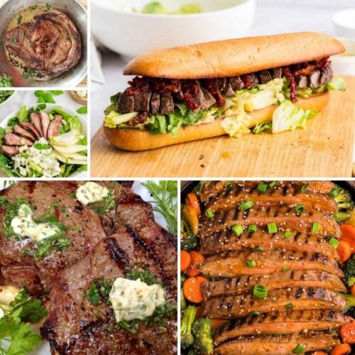 Collage of various beef dishes including a steak in a pan, steak sandwich, sliced steak salad, grilled steak with herb butter, and stir-fried beef with vegetables.