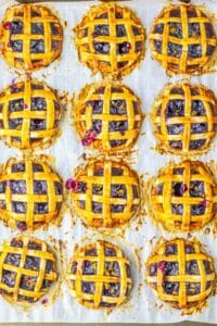 Twelve mini blueberry pies with lattice crusts, baked on parchment paper, are arranged in four rows of three.