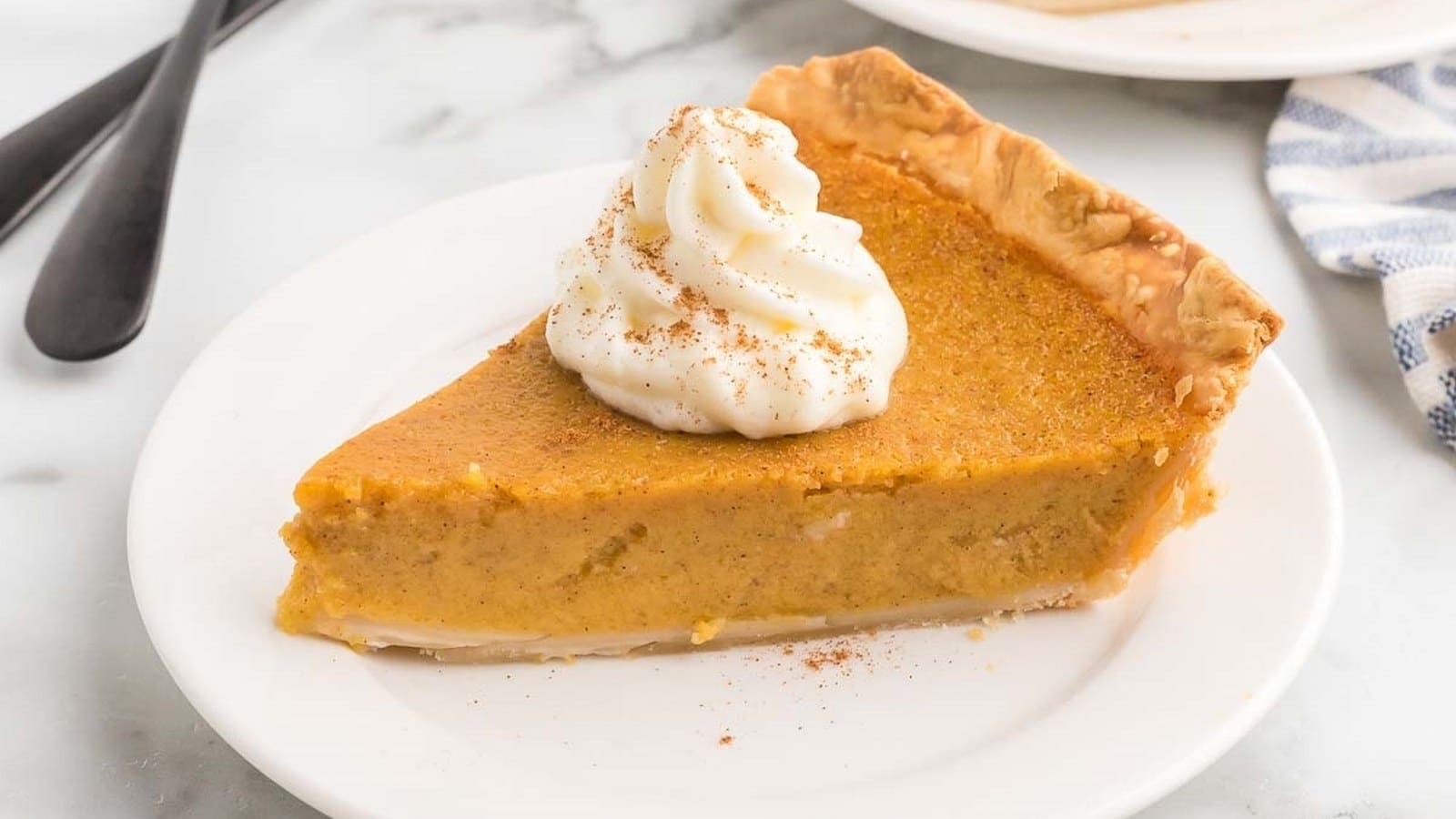 A slice of pumpkin pie topped with whipped cream and sprinkled with cinnamon is served on a white plate.