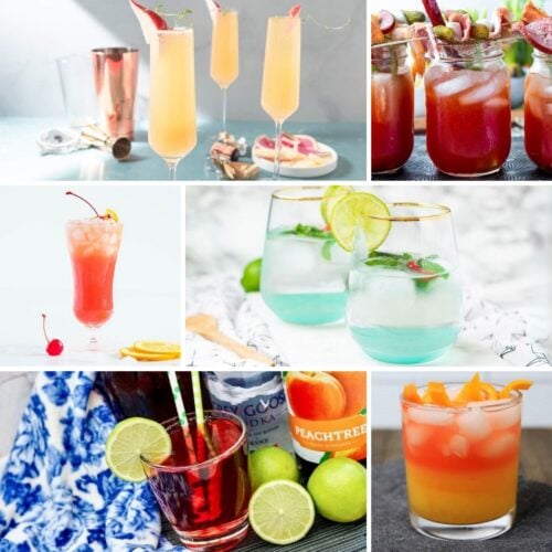 A collage of six colorful cocktails in various glasses, garnished with fruits and mint leaves, with cocktail-making tools and fresh ingredients in the background.