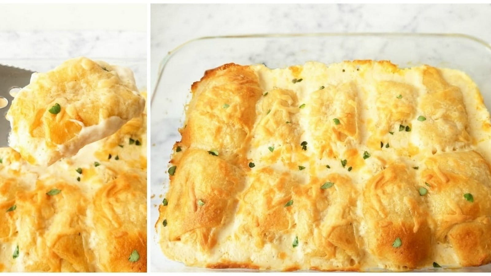 Baked casserole with golden crescent roll dough, garnished with chopped herbs, shown in a baking dish and a serving spatula lifting a portion.