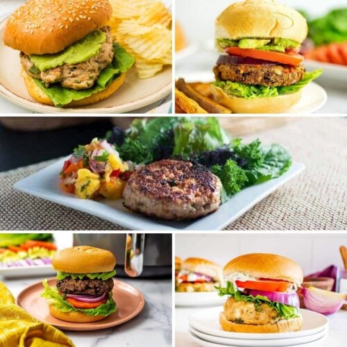 Five plates featuring different types of burgers, each accompanied by various sides like chips, salad, and sliced vegetables.