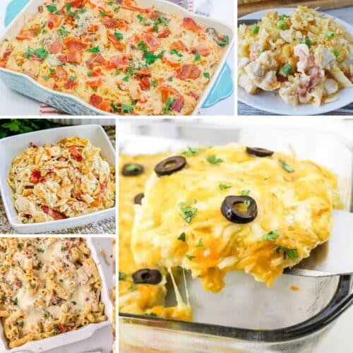 A collage of five different pasta casserole dishes, featuring a variety of ingredients including cheese, vegetables, meat, and toppings like olives and herbs.