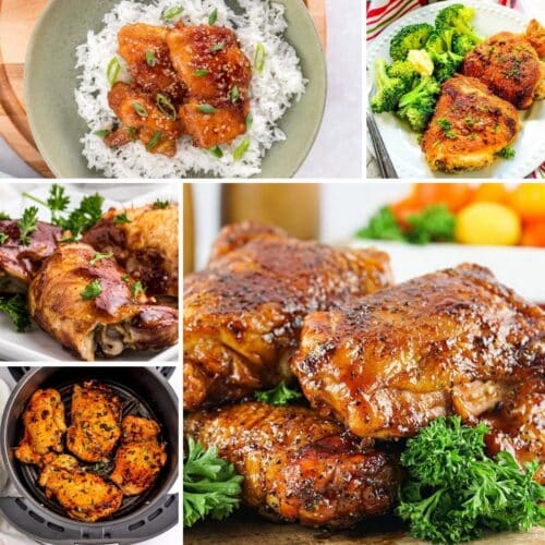 Collage of glazed chicken dishes served with rice, broccoli, and garnished with parsley in various presentations.