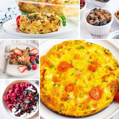 Collage of breakfast dishes: lasagna slice, fruit-topped granola, veggie frittata, oatmeal with berries, and a bowl of cereal with nuts and blueberries.