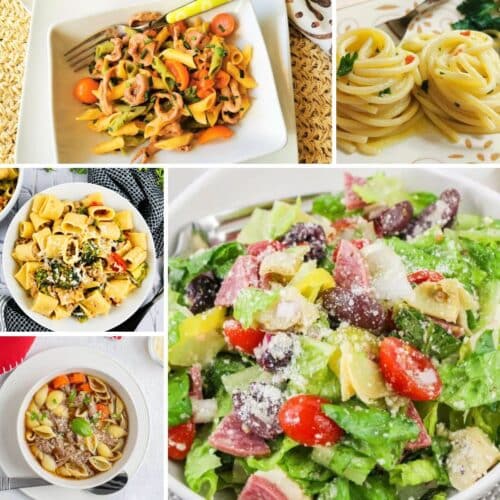 Collage of Italian dishes: pasta with vegetables, two plates of spaghetti, pasta with herbs, and a salad with meats and cheese.