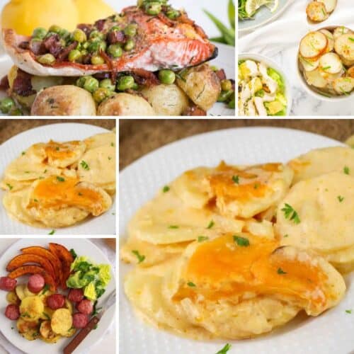 Collage of various dishes including salmon with peas and potatoes, creamy potato slices on a plate, and a meal with sausage, sliced potatoes, and vegetables.