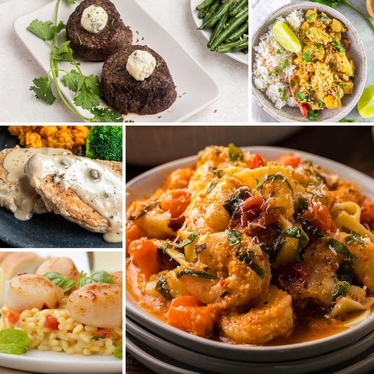 A collage of various dishes: beef with sauce, rice with stir-fried chicken, chicken with mash and broccoli, scallops on rice, and pasta with vegetables and sauce.