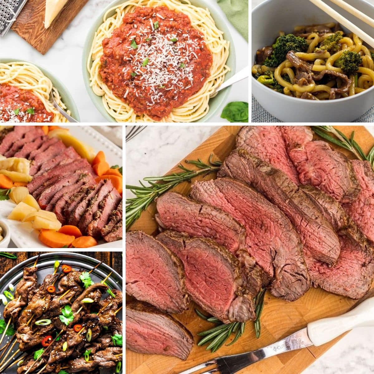 Collage of various dishes: spaghetti with tomato sauce, stir-fried noodles with broccoli, roasted meat with vegetables, sliced cooked steak on a cutting board, and glazed beef slices.