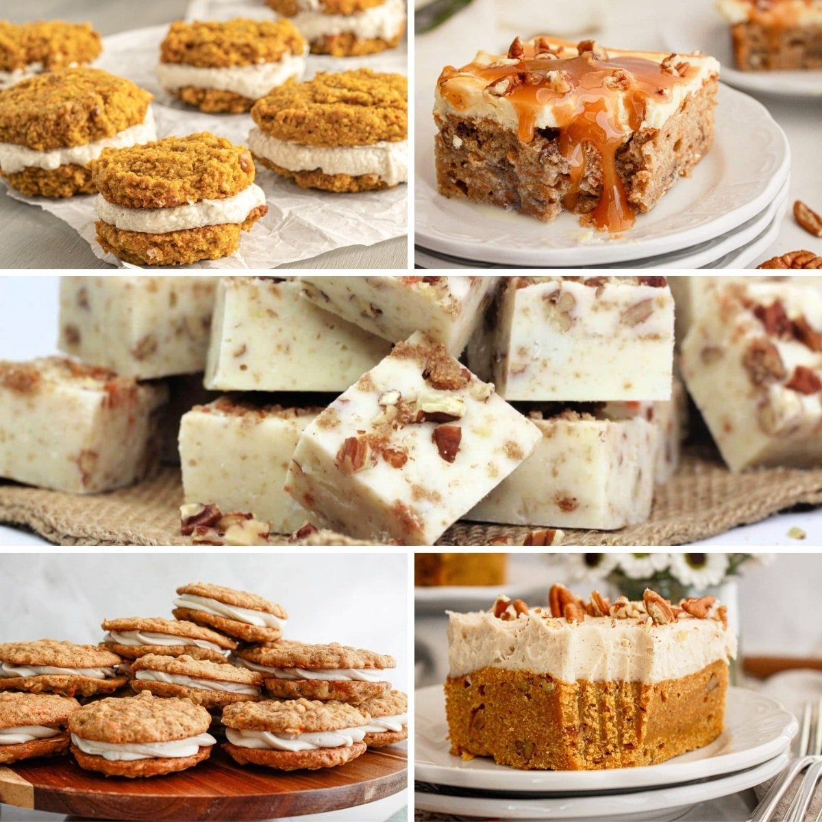 Collage of autumn-themed desserts including pumpkin cookies with cream, caramel-topped cake, nut-studded fudge, and a layered pumpkin cake with cream and nuts.