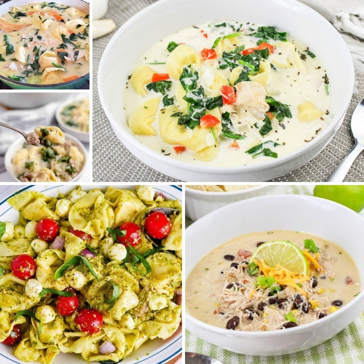 Collage of four soups: creamy tortellini, creamy chicken with vegetables, pesto tortellini with cherry tomatoes, and chicken soup with black beans and lime garnish.