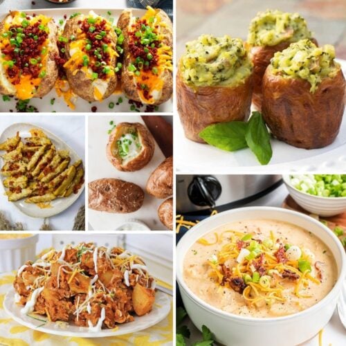 Collage of potato dishes: loaded baked potatoes, potato skins, mashed potato cups, french fries, potato soup, and fried potatoes with toppings.