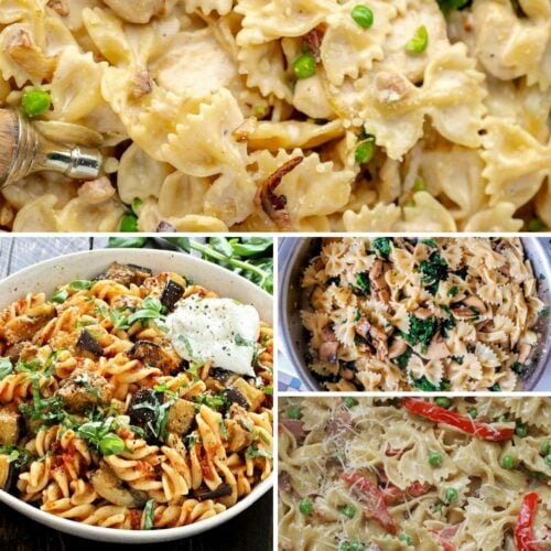 Collage of four pasta dishes: creamy farfalle with peas, mixed vegetables with fusilli, farfalle with greens in a metal pot, and farfalle with bell peppers and cheese.