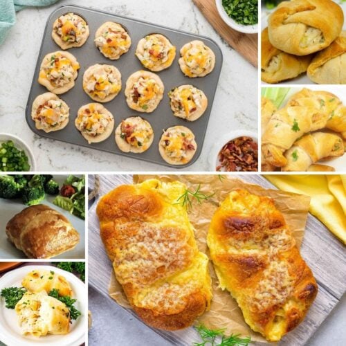 A collage of various cheesy bread dishes, including stuffed rolls, savory pastries in a muffin tin, and baked bread with melted cheese on top. Leafy greens and herbs are seen as garnishes.