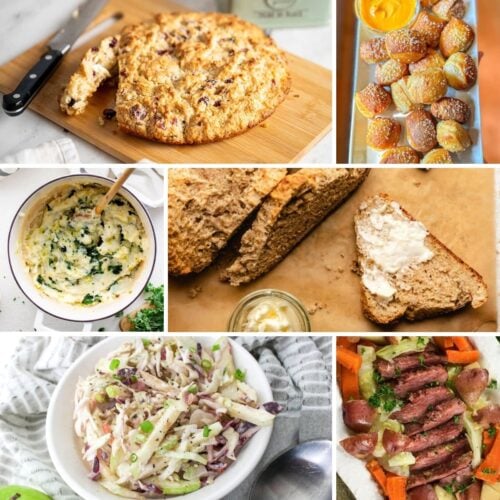 A collage of six dishes: a round loaf, pretzel bites, mashed potatoes, sliced brown bread with butter, coleslaw, and a plate of meat with carrots and potatoes.