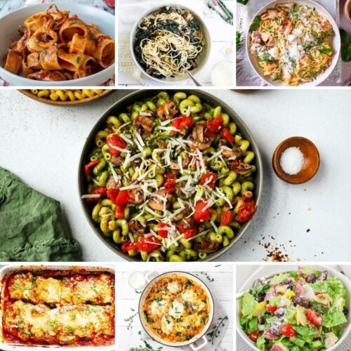 Collage of various pasta dishes and a salad, including rigatoni, spaghetti, rotini, lasagna, and pasta with sauce, surrounded by ingredients like salt and a green cloth.