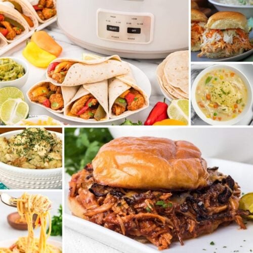 A collage of six food items: pulled chicken sandwich, vegetable wraps, soup, mashed potatoes, pasta, and a pulled pork sandwich, placed around a slow cooker.