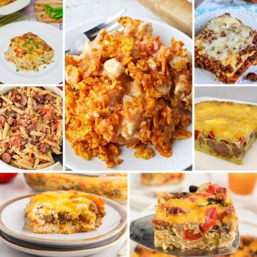 A collage of eight different casserole dishes featuring pasta, minced meat, cheese, and vegetables on white plates.