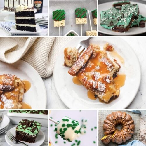 A collage of desserts featuring layered cakes, decorated rice treats, a pastry with caramel sauce, a bundt cake, and mint-flavored desserts with chocolate shavings and green sprinkles.