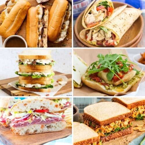 A collage of six different sandwiches, featuring subs, wraps, stacked salads, open-faced, deli style, and toast-based options, with various meats, vegetables, and toppings.