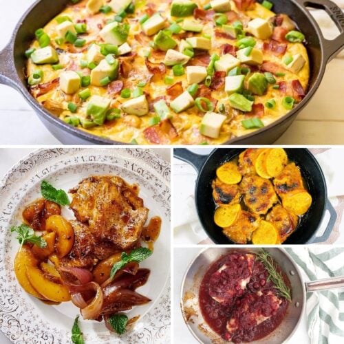 A collage of dishes: top image shows a skillet with cheese, avocado, and bacon; bottom left is chicken with peaches; bottom center is potato gratin; bottom right is beef in sauce.