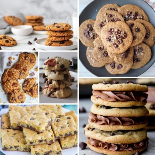 A collage of various chocolate chip cookies, including stacked, square, and round shapes, with some topped with chocolate chips or filled with chocolate cream.