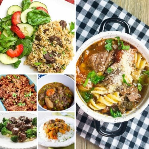 A collage of dishes featuring beef: beef salad with rice, beef stew with pasta, shredded beef, beef stew with vegetables, beef with broccoli, and beef with mashed potatoes.