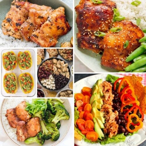 A collage of five dishes: grilled chicken with rice, chicken with green beans, stuffed yellow peppers, an assortment of nuts and olives, and a colorful salad with avocado and sliced peppers.