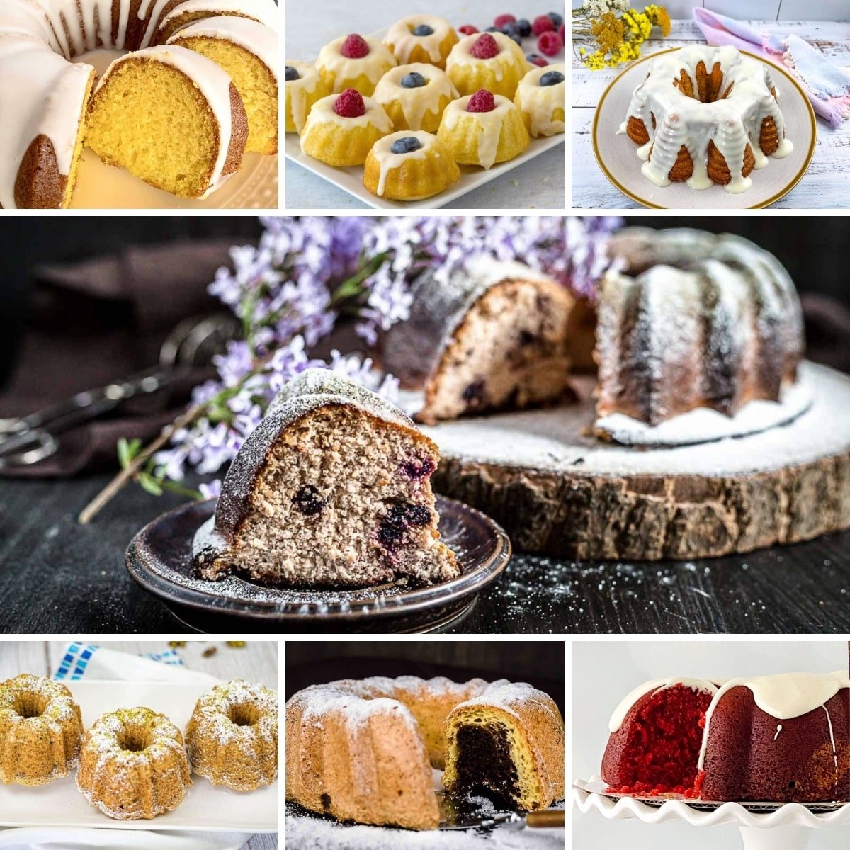 A collage of various bundt cakes, featuring designs with icing, powdered sugar, berries, and chocolate. Each cake is uniquely decorated, some with flowers or fruit.