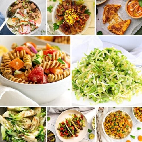 Collage of various dishes including soup, pasta salad, grilled cheese, sausages with topping, a cabbage dish, roasted vegetables, tacos, and leafy greens.