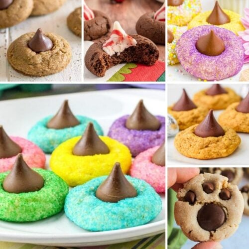 A collage of cookies topped with chocolate kisses. Various cookies are decorated with colorful sugar and candy pieces, one features a paw print design.