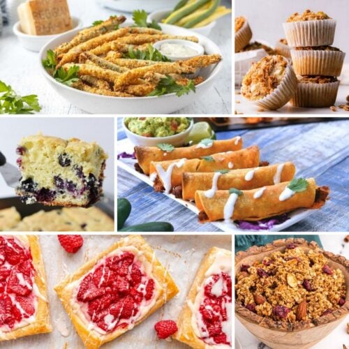 A collage of six dishes: crispy fries, muffins, a blueberry cake slice, rolled tortillas with sauce, raspberry pastries, and a bowl of granola.