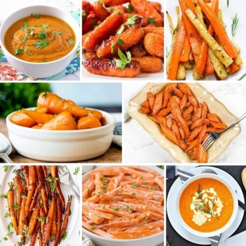 Collage of eight carrot dishes, including soups, roasted, glazed, and seasoned carrots, displayed in various white dishes.