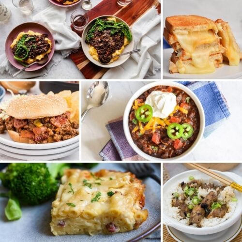 A collage of six dishes: a plate of pasta and greens, tomato soup with a sandwich, a cheeseburger with fries, a bowl of chili, a slice of lasagna with broccoli, and a rice bowl with meat.