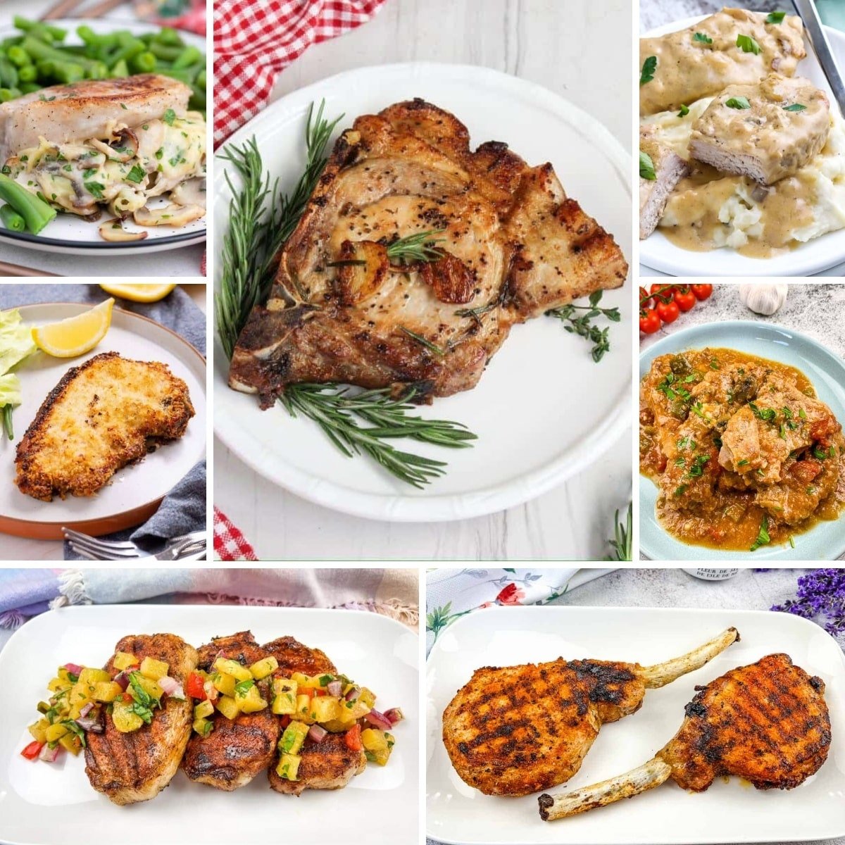 Collage of various cooked pork dishes, including grilled chops, fried cutlets, and meat with creamy sauces, presented on plates with garnishes like herbs and lemon.