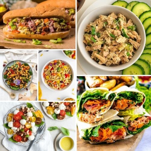 A collage of various fresh dishes including sandwiches, pasta salad, cucumber slices with tuna salad, bean salad, and tomato salad with mozzarella.