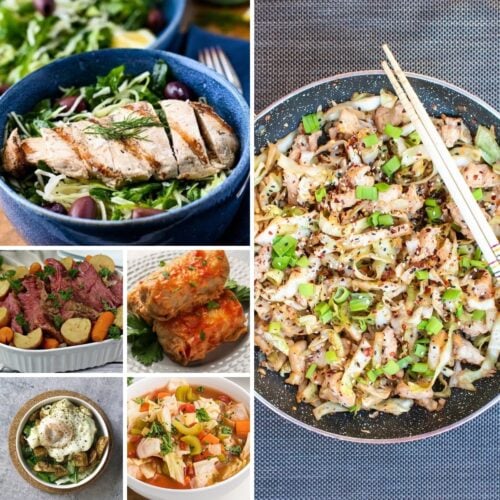 Collage of six dishes including grilled chicken salad, stir-fried noodles with green onions, roasted meat with vegetables, stuffed cabbage rolls, creamy pasta, and vegetable soup.